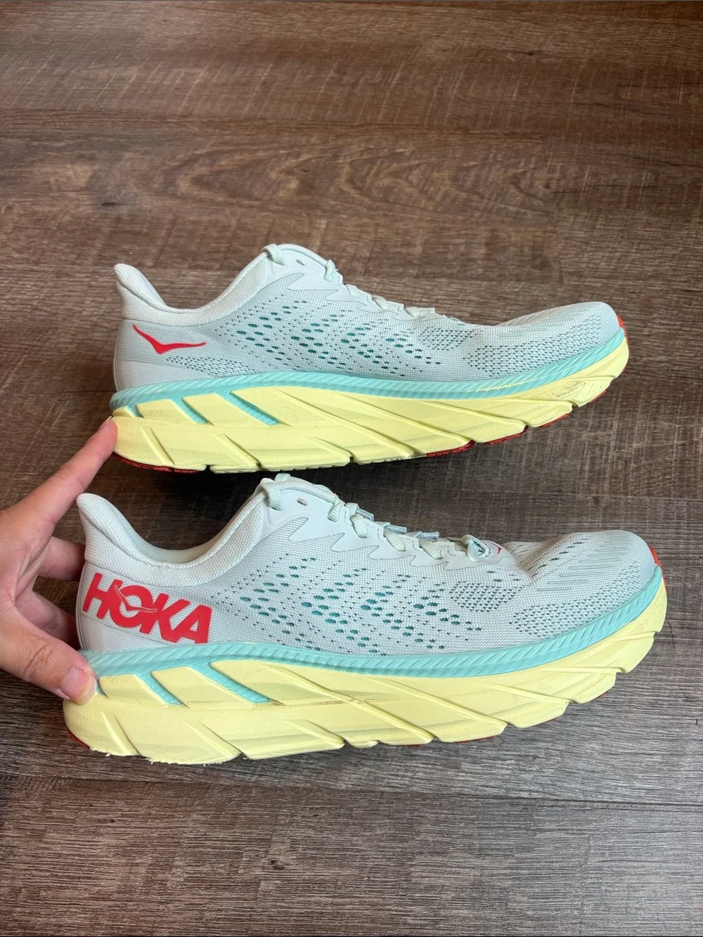 HOKA Clifton 7 Running Shoes Morning Women’s 10.5 Mist/Hot Coral NO INSOLES